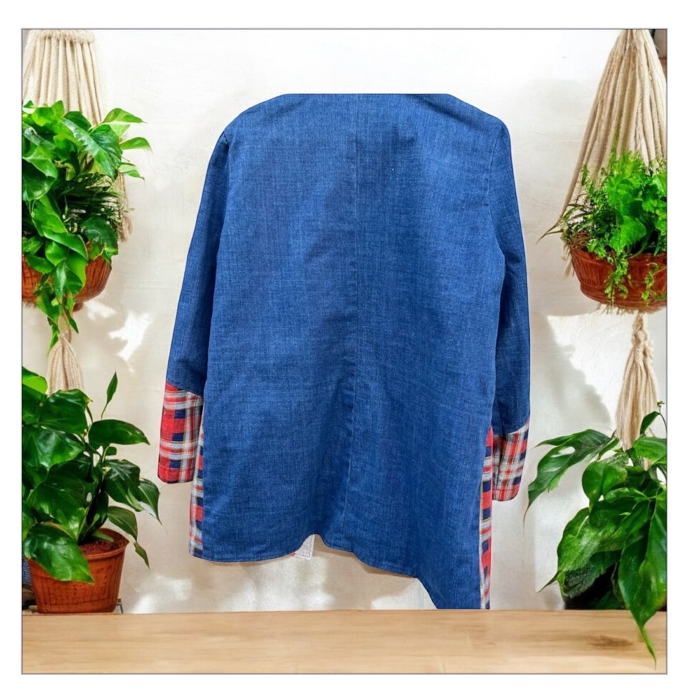 Denim & Red Plaid Open Front Women's Jacket - Picture 3 of 16